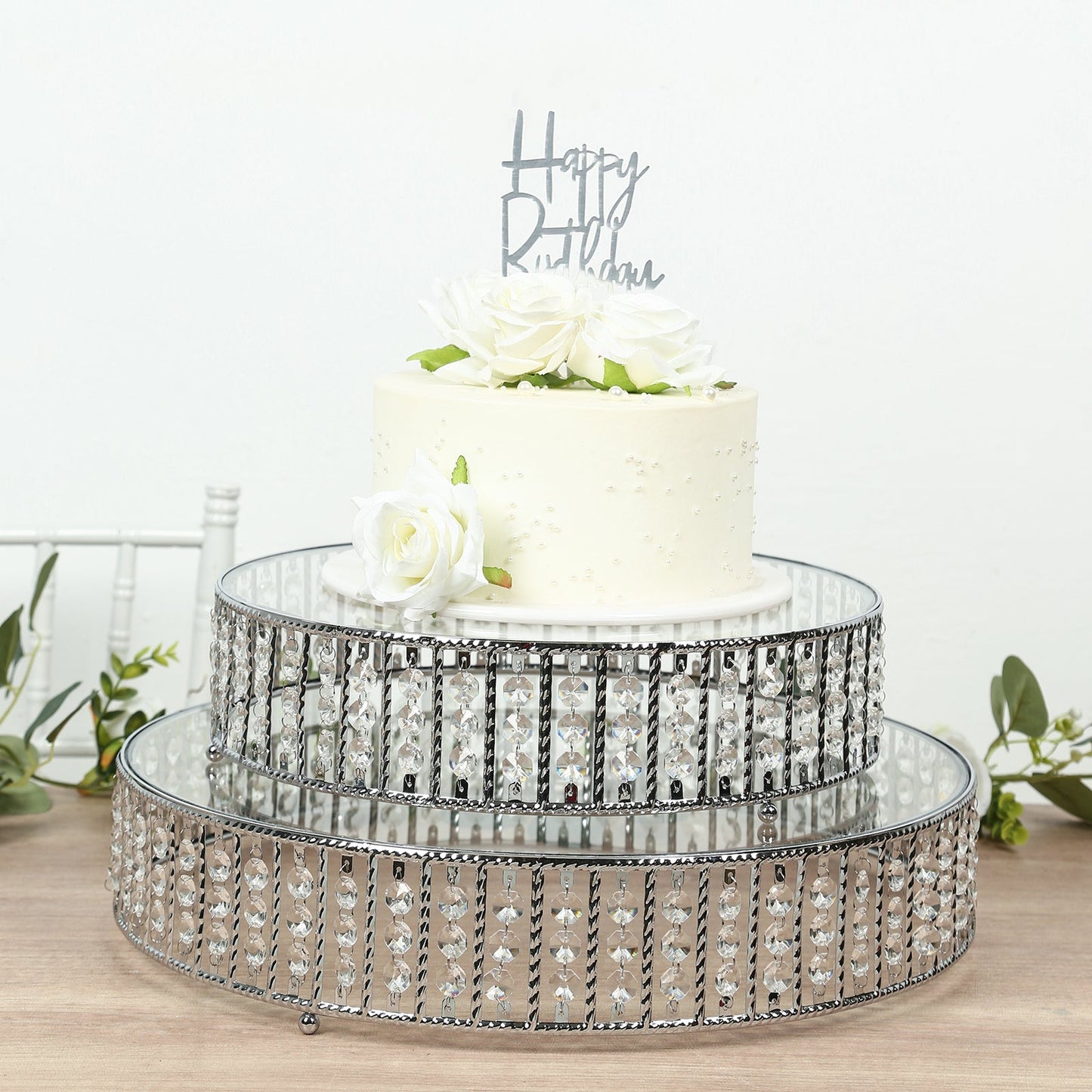 18" Round Silver Cake Stand with Hanging Crystal Beads and Glass Top â€“ Metal Dessert Display Tray