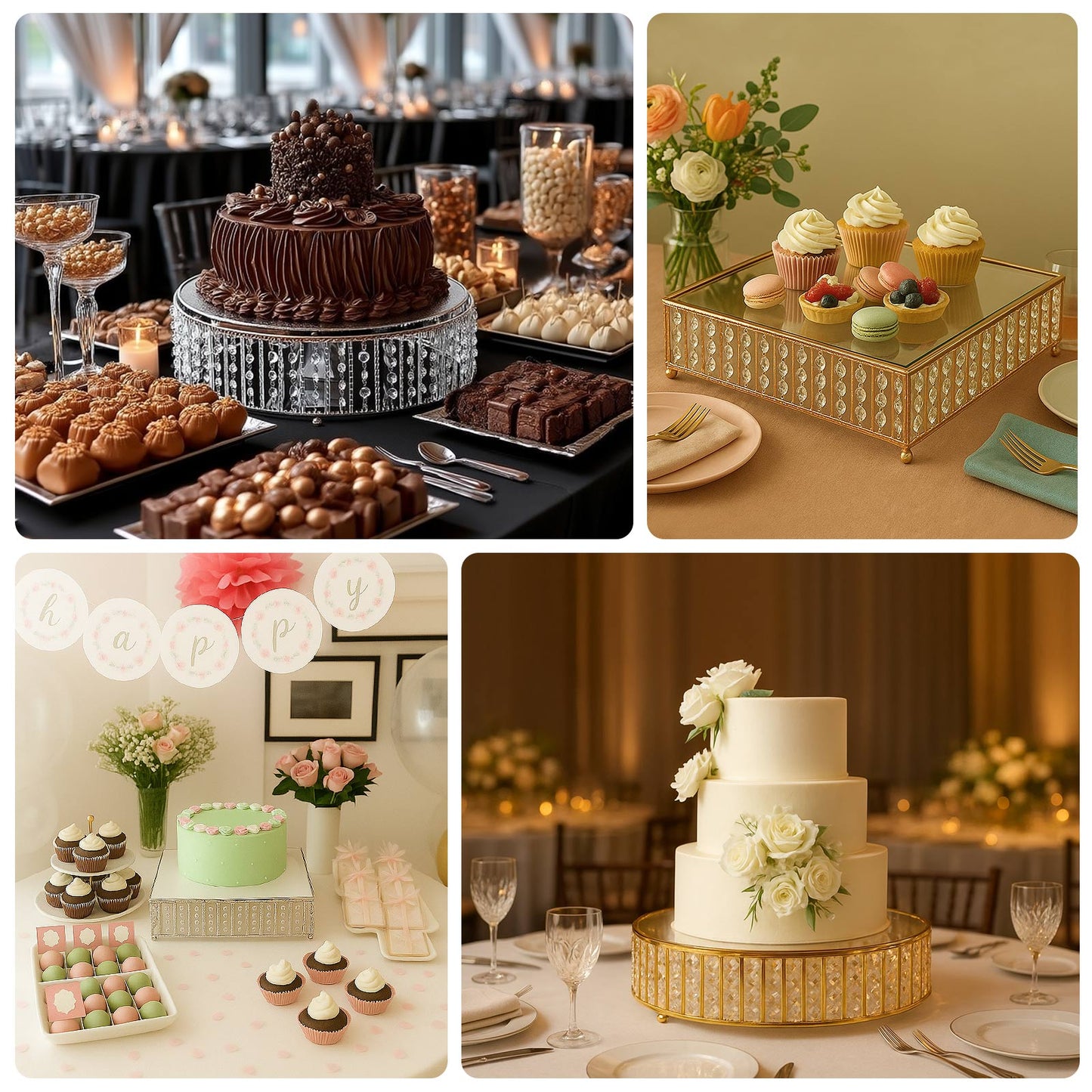 18" Round Silver Cake Stand with Hanging Crystal Beads and Glass Top â€“ Metal Dessert Display Tray