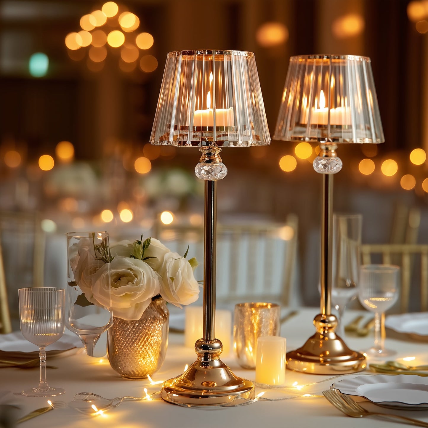 2-Pack 25" Crystal Pendant Candle Holders, Classic Empire Lamp Shade Style in Gold, Votive Candle Stand for Table Centerpieces