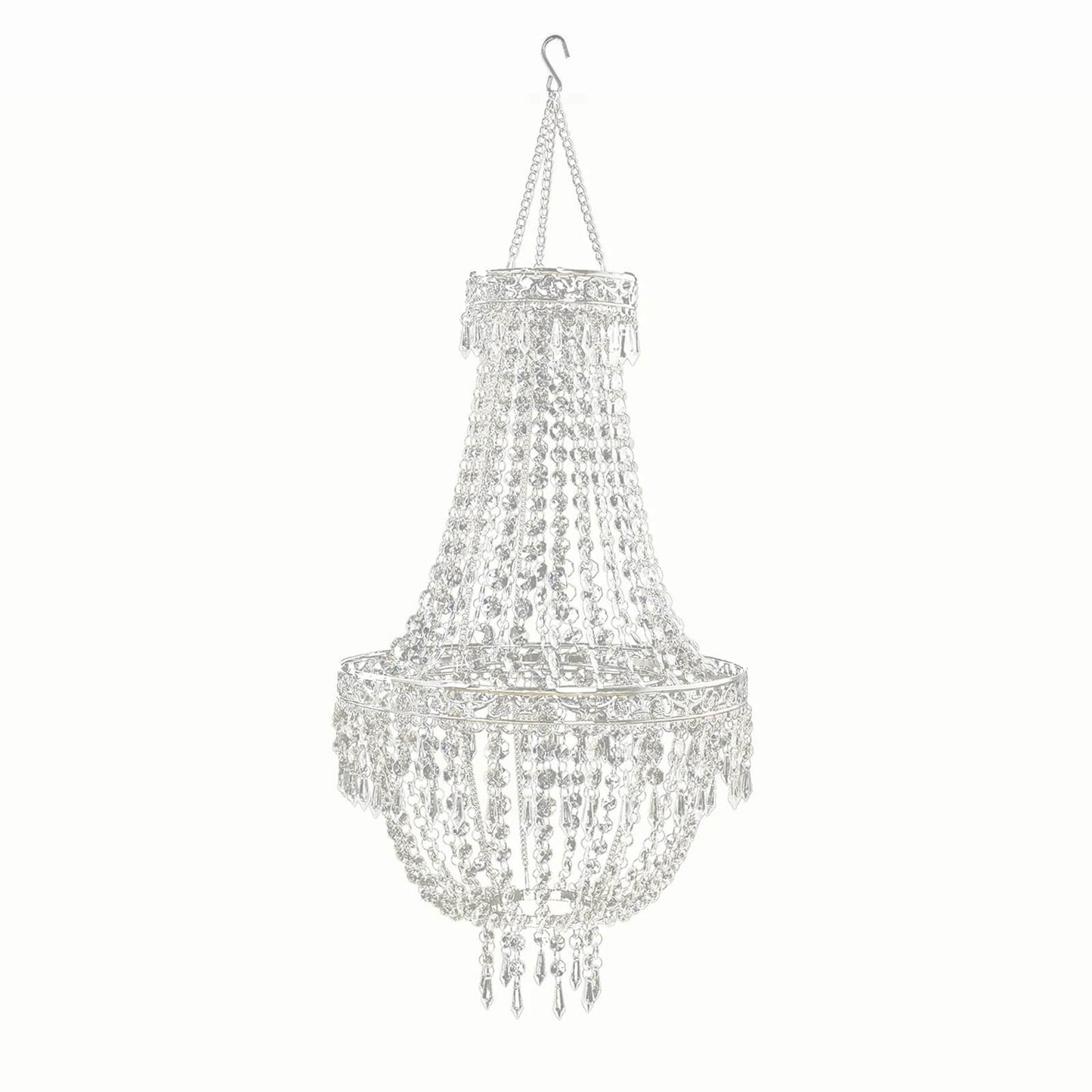 2ft Empire Style Beaded Crystal Chandelier with Silver Ornate Metal Frame, Adjustable Hanging Farmhouse Pendant Ceiling Lighting