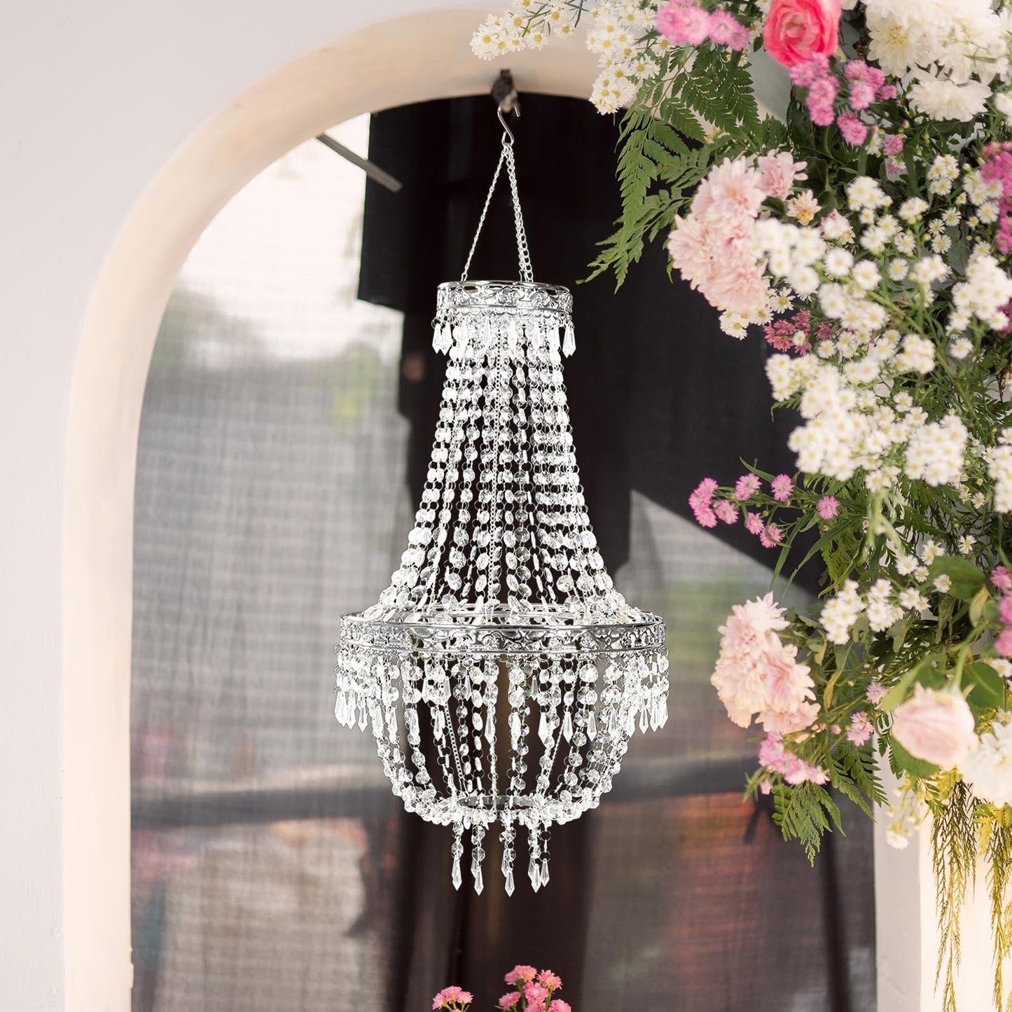 3ft Empire Style Beaded Crystal Chandelier with Silver Ornate Metal Frame, Adjustable Hanging Farmhouse Pendant Ceiling Lighting