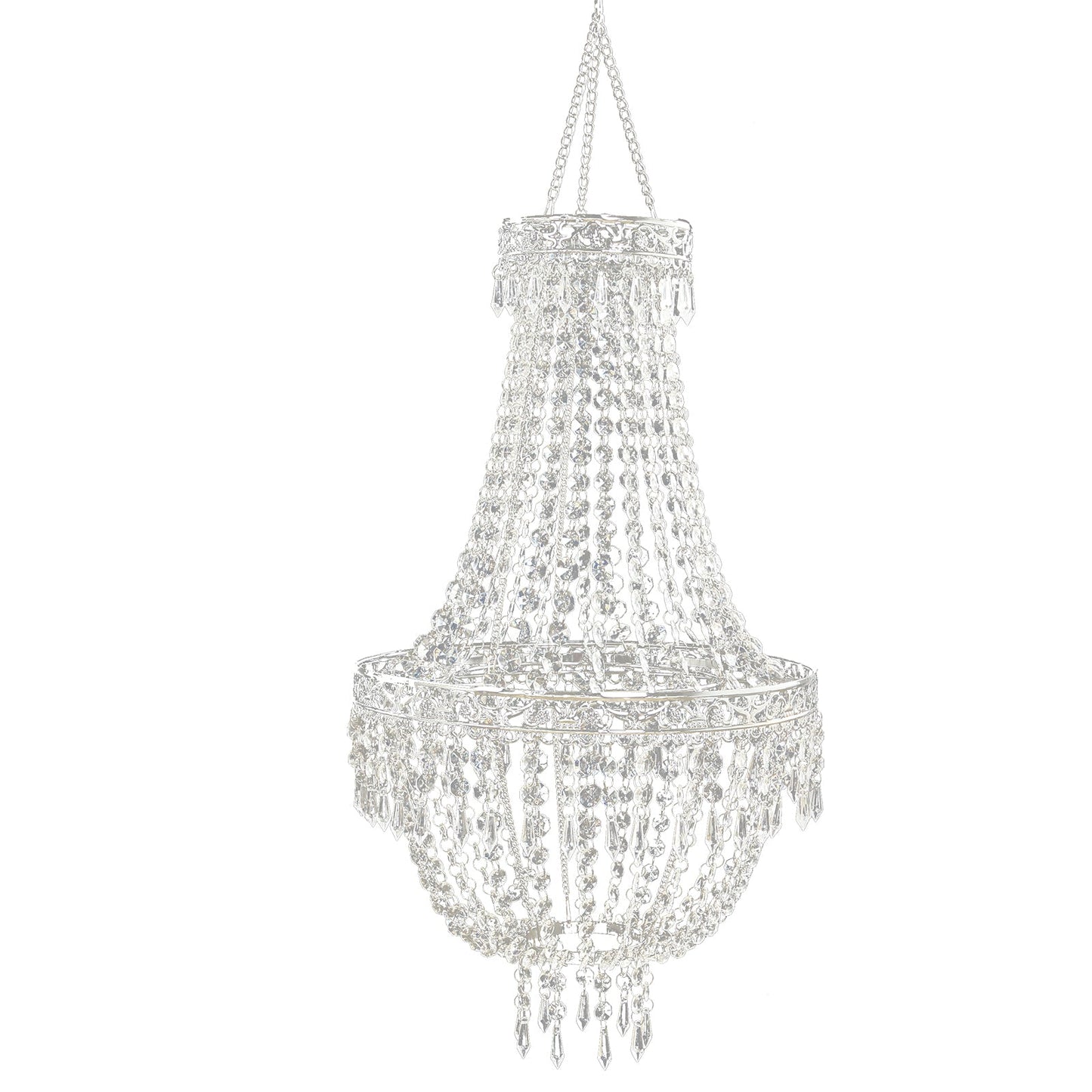 5ft Empire Style Beaded Crystal Chandelier with Silver Ornate Metal Frame, Adjustable Hanging Farmhouse Pendant Ceiling Lighting