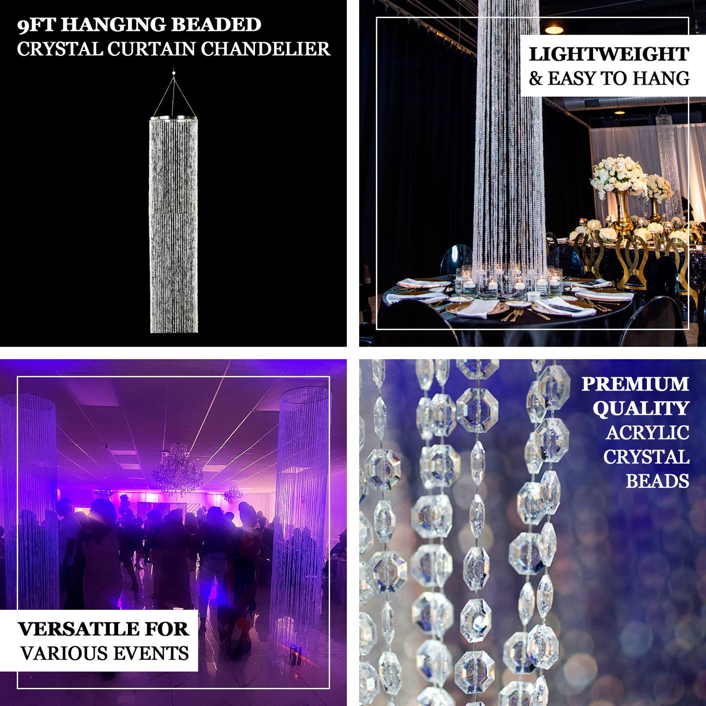 9ft Hanging Beaded Crystal Column Chandelier, Tall Beads Curtain Round with Silver Metal Hoop and Hanging Chain