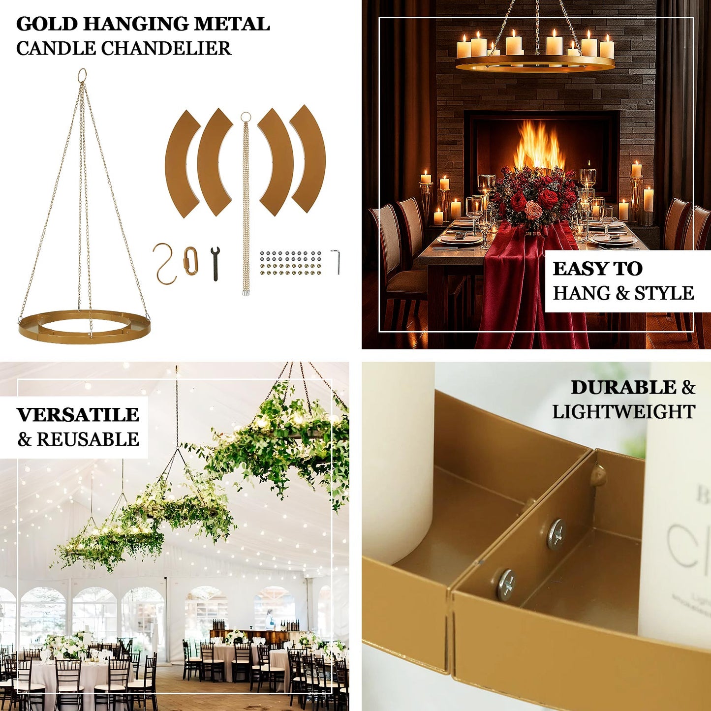 Gold Hanging Metal Floral Chandelier Frame - 24" Circular Lighting, Candle and Floral Display Base