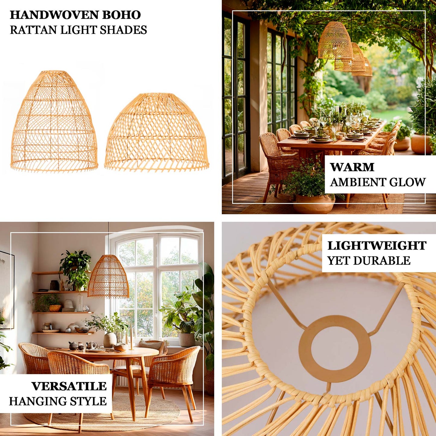 Boho Rattan Dome Pendant Shades â€“ 3 Pack Natural Woven Ceiling Lamp Covers â€“ 16" Round â€“ Shades Only