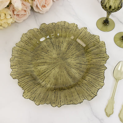 6-Pack Acrylic Plastic Round Charger Plates 13" in Transparent Dusty Sage Green with Reef Design, Dinner Charger Tableware
