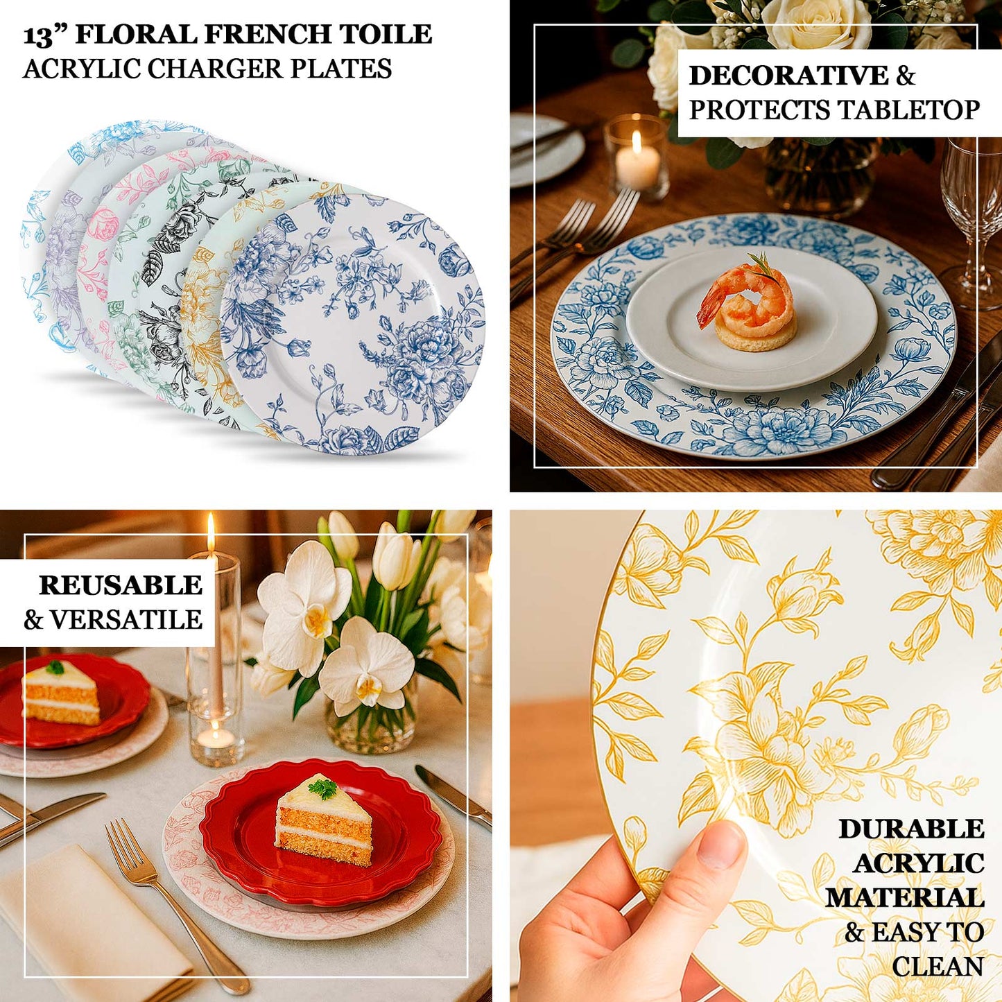 6-Pack Acrylic Round Charger Plates 13" in White with Black Floral French Toile Pattern, Decorative Dinner Party Charger Tableware