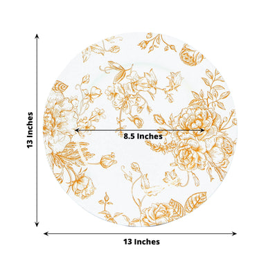 6-Pack Acrylic Round Charger Plates 13" in White with Gold Floral French Toile Pattern, Decorative Dinner Party Charger Tableware
