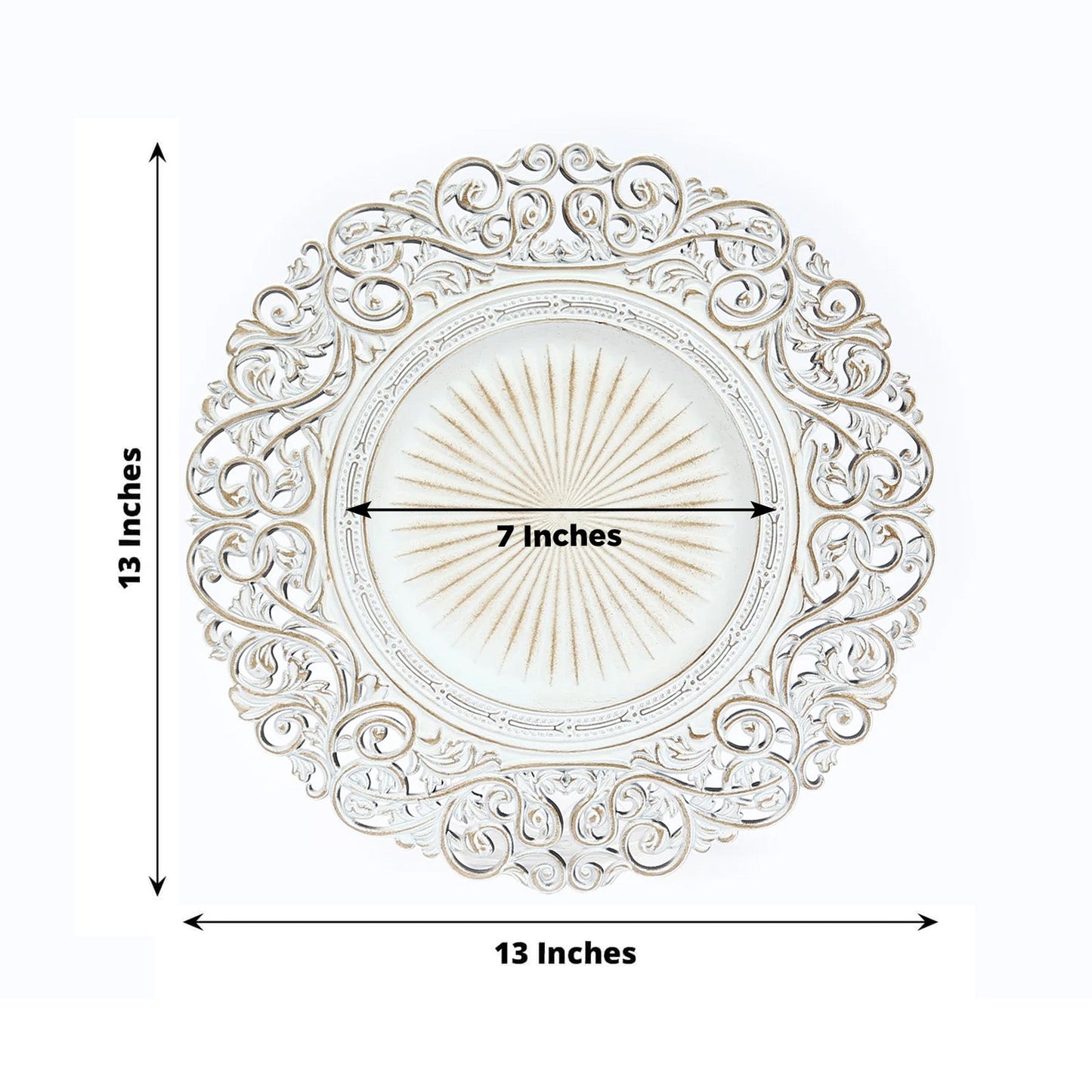 6-Pack Acrylic Round Charger Plates 13" in Antique White with Vintage Floral Carved Rim, Event Tabletop Decorative Charger Tableware