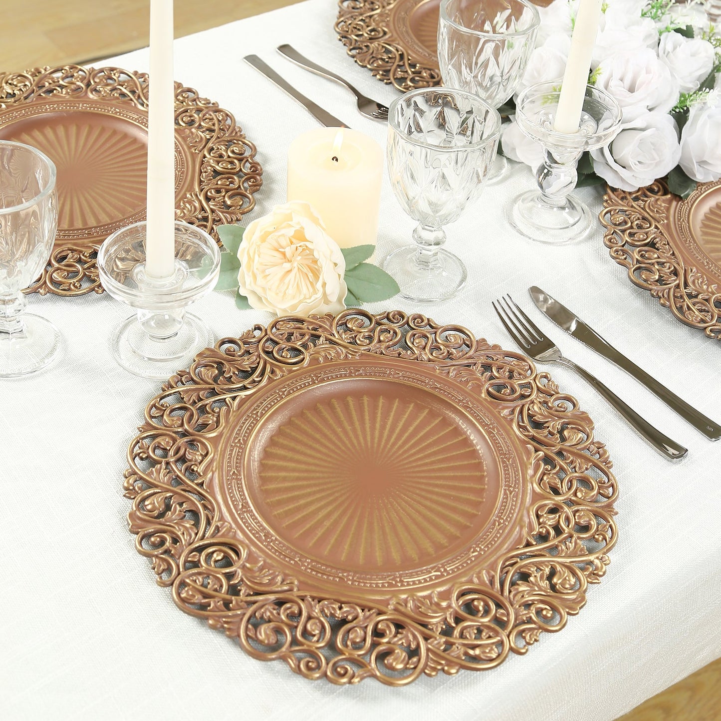 6-Pack Acrylic Round Charger Plates 13" in Brown / Brushed Gold with Vintage Floral Carved Rim, Event Tabletop Decorative Charger Tableware