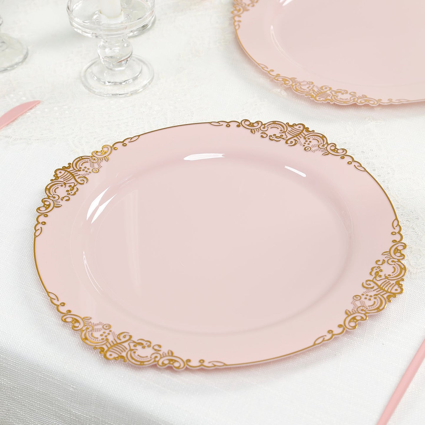 20-Pack Economy Plastic Round Charger Plates 13" in Blush with Gold Embossed Baroque Rim, Stylish Dinner Party Serving Plates