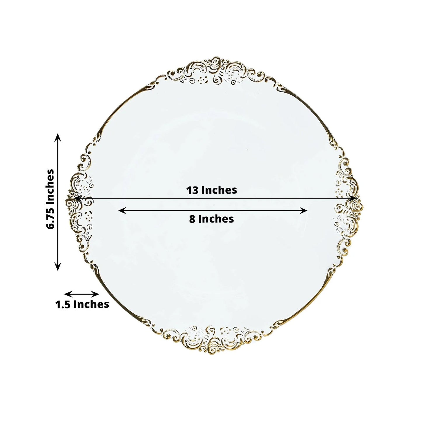 20-Pack Economy Plastic Round Charger Plates 13" in Clear with Gold Embossed Baroque Rim, Stylish Dinner Party Serving Plates