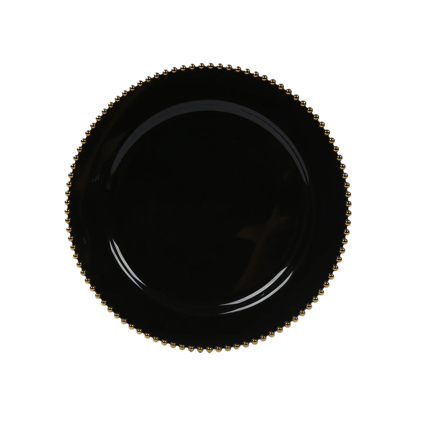 10-Pack Economy Round Plastic Charger Plates 13" in Black with Gold Beaded Rim, Stylish Dinner Party Serving Plates
