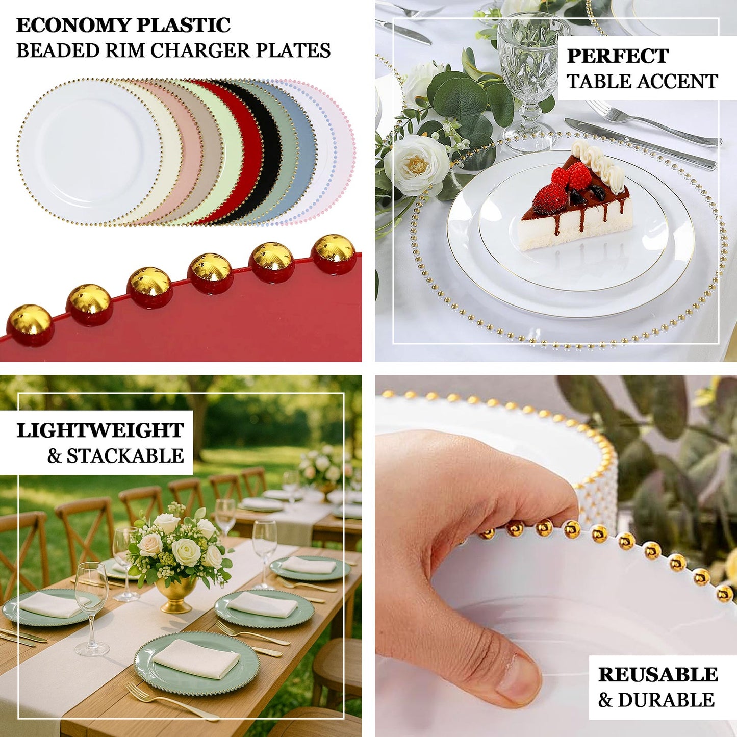 10-Pack Economy Round Plastic Charger Plates 13" in Sage Green with Gold Beaded Rim, Stylish Dinner Party Serving Plates