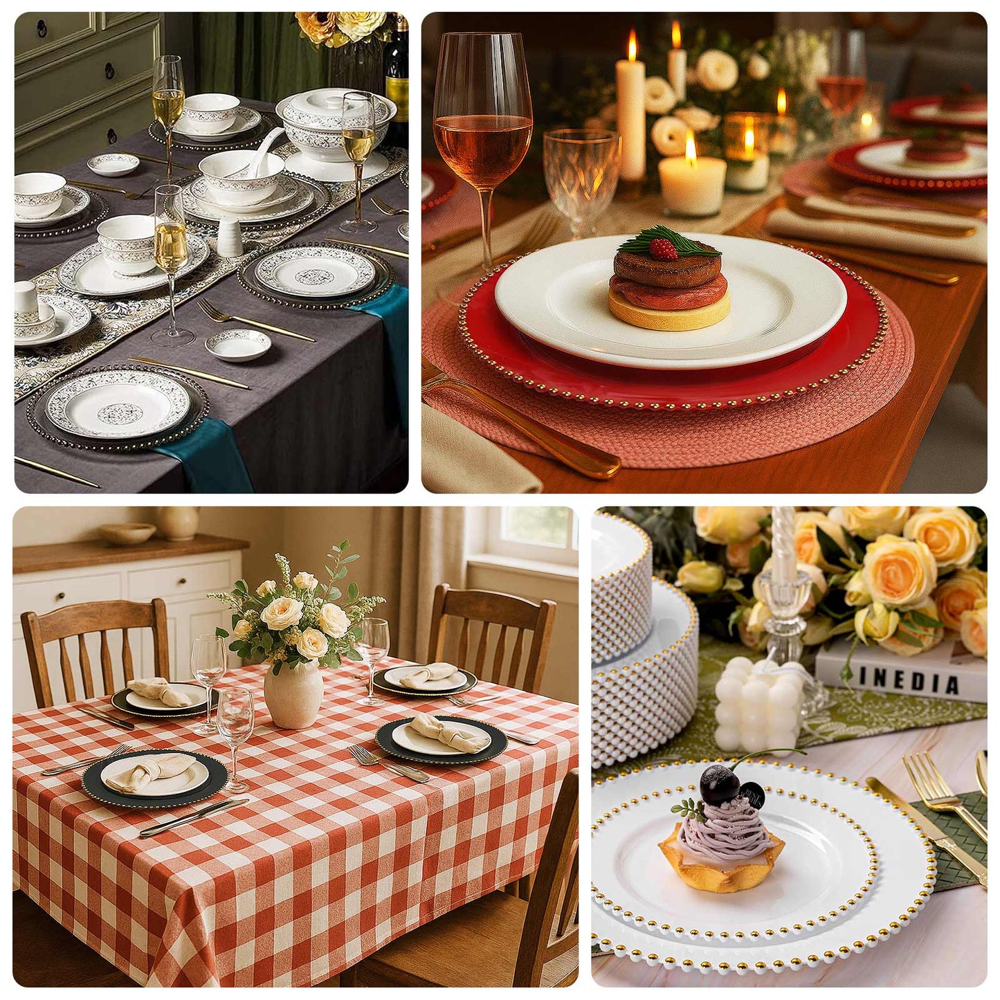 10-Pack Economy Round Plastic Charger Plates 13" in Taupe with Gold Beaded Rim, Stylish Dinner Party Serving Plates