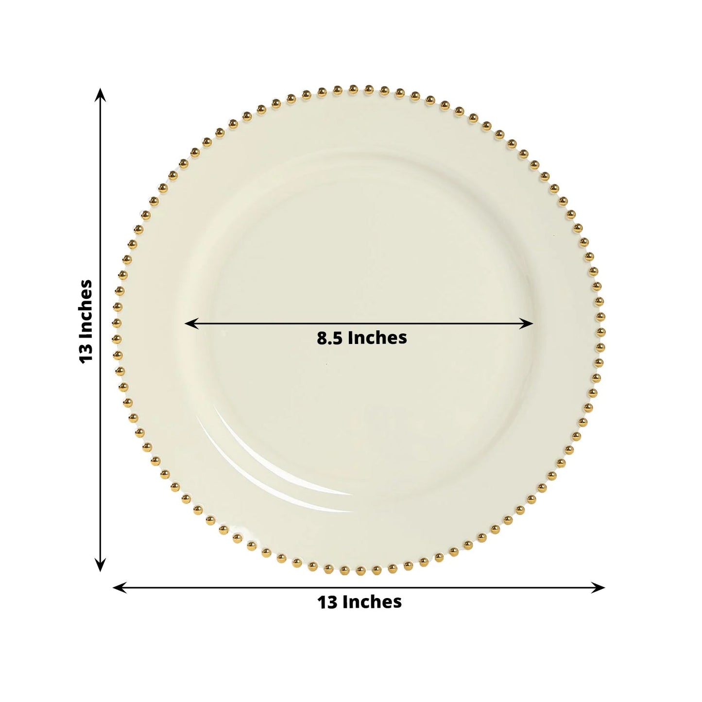 10-Pack Economy Round Plastic Charger Plates 13" in Ivory with Gold Beaded Rim, Stylish Dinner Party Serving Plates