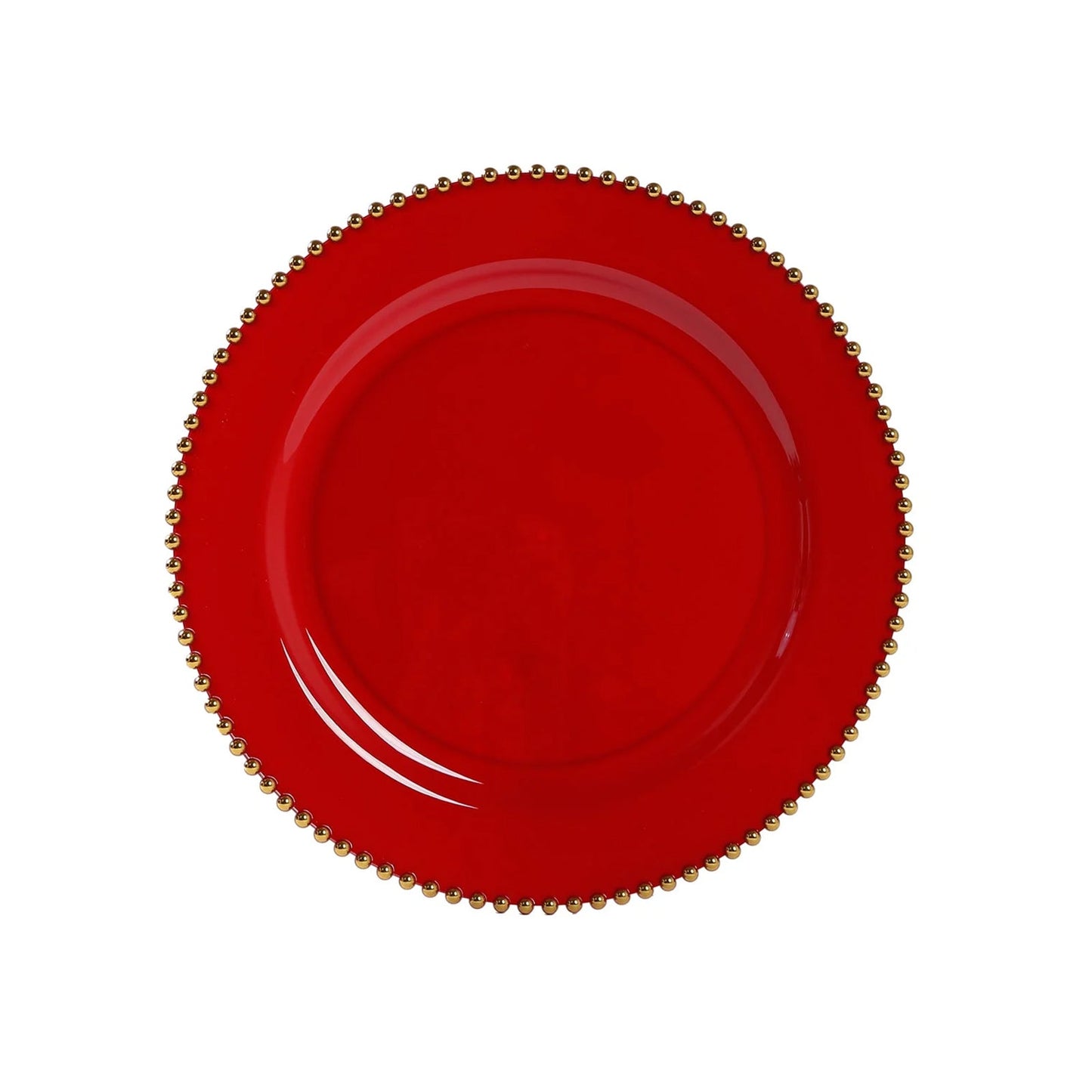 10-Pack Economy Round Plastic Charger Plates 13" in Red with Gold Beaded Rim, Stylish Dinner Party Serving Plates