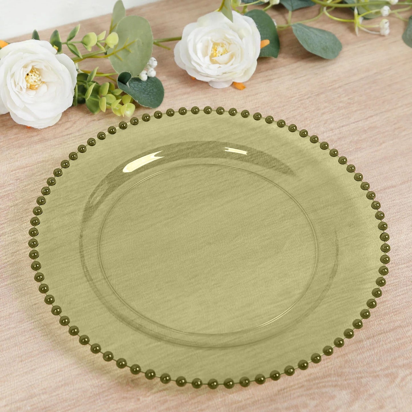 10-Pack Economy Round Plastic Charger Plates 13" in Transparent Dusty Sage Green with Beaded Rim, Stylish Dinner Party Serving Plates