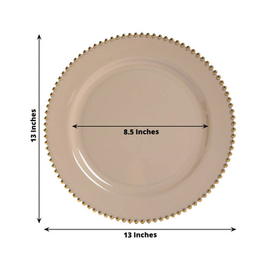 10-Pack Economy Round Plastic Charger Plates 13" in Taupe with Gold Beaded Rim, Stylish Dinner Party Serving Plates