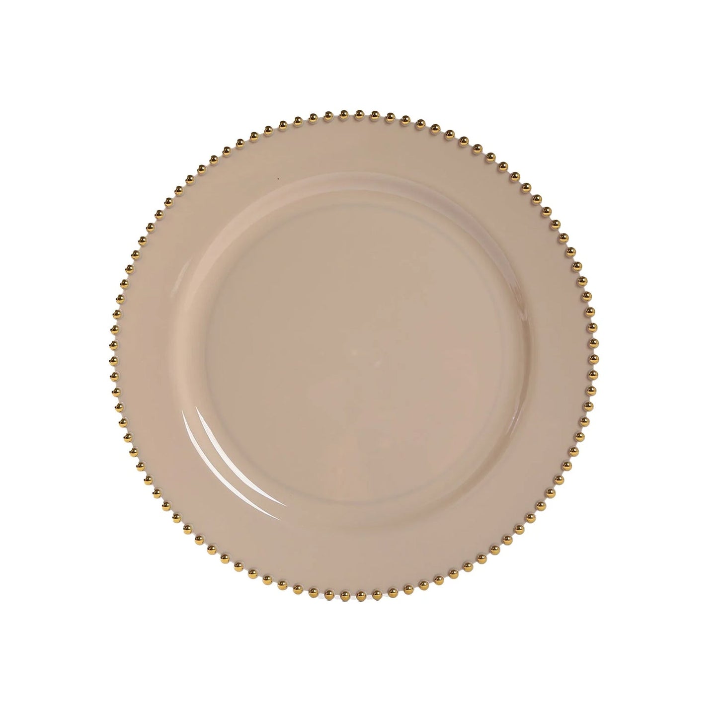 10-Pack Economy Round Plastic Charger Plates 13" in Taupe with Gold Beaded Rim, Stylish Dinner Party Serving Plates