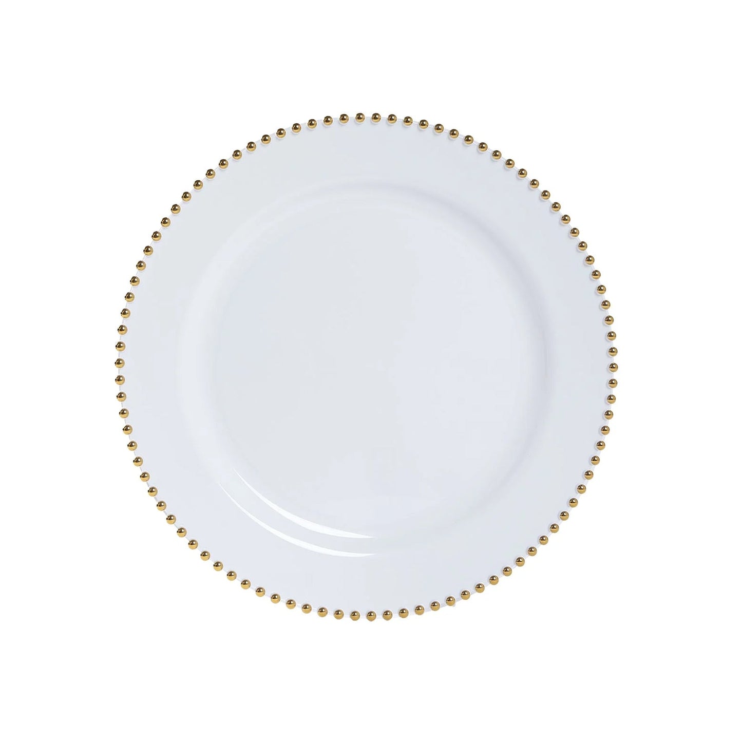 10-Pack Economy Round Plastic Charger Plates 13" in White with Gold Beaded Rim, Stylish Dinner Party Serving Plates
