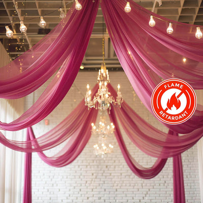 5ftx32ft Fuchsia Chiffon Curtain Panel, Durable Flame Resistant Backdrop Ceiling Drapery With Rod Pocket