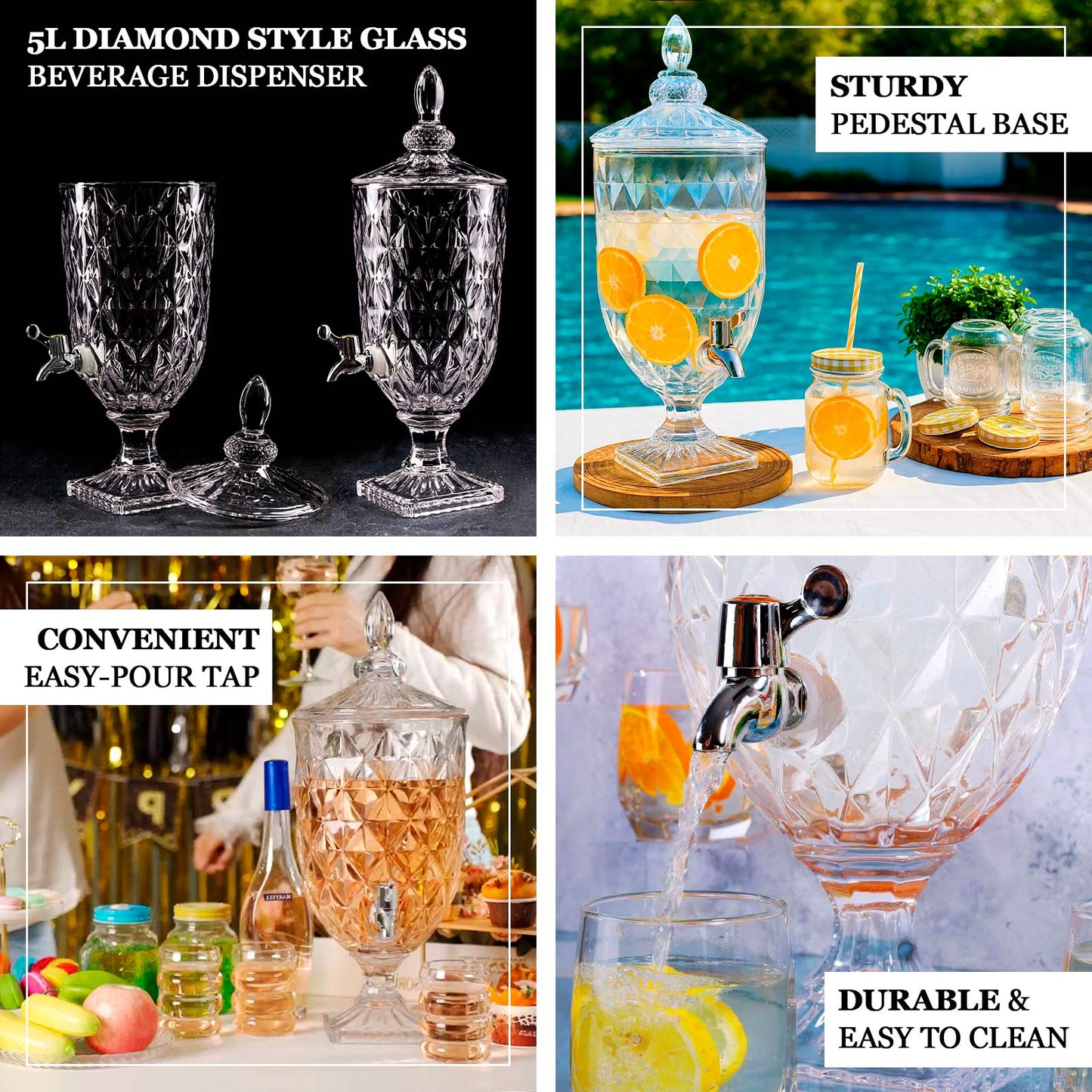 1.3 Gallon Glass Beverage Dispenser, Apothecary Jar Style Party Drink Dispenser with Diamond Texture and Lid - Versatile Serving Feature 21"