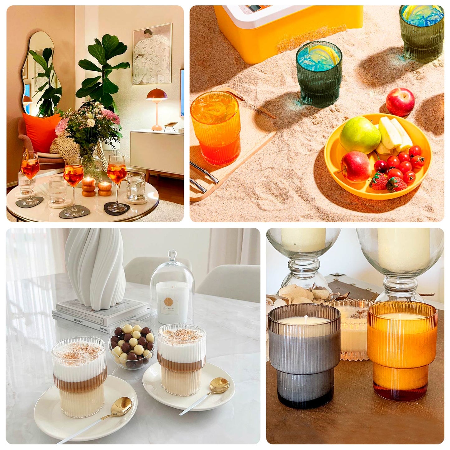 12-Pack Plastic Short Drinking Glasses Amber Gold Ribbed Pattern Stackable - Reusable Tumblers 7oz