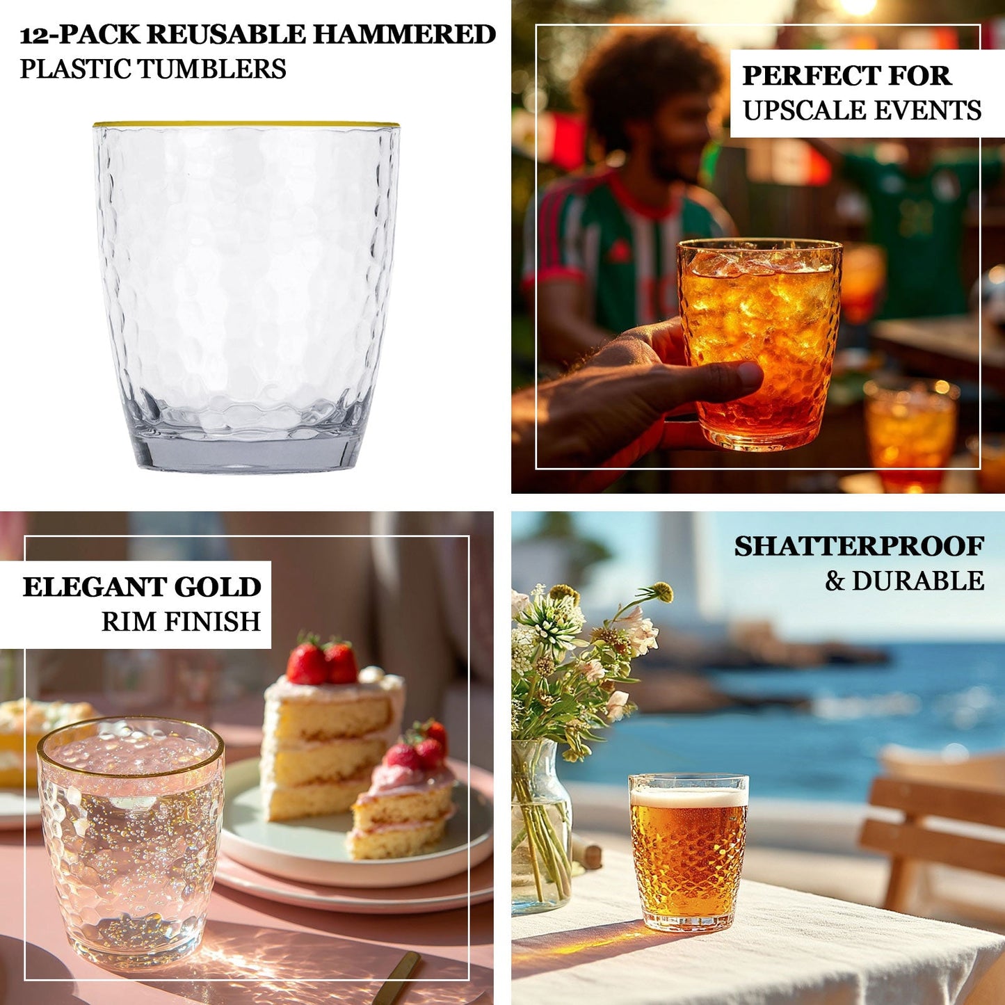 12-Pack Plastic Tumblers Reusable Hammered Cups 14oz â€“ Clear with Gold Rim â€“ Shatterproof Cocktail Drinkware