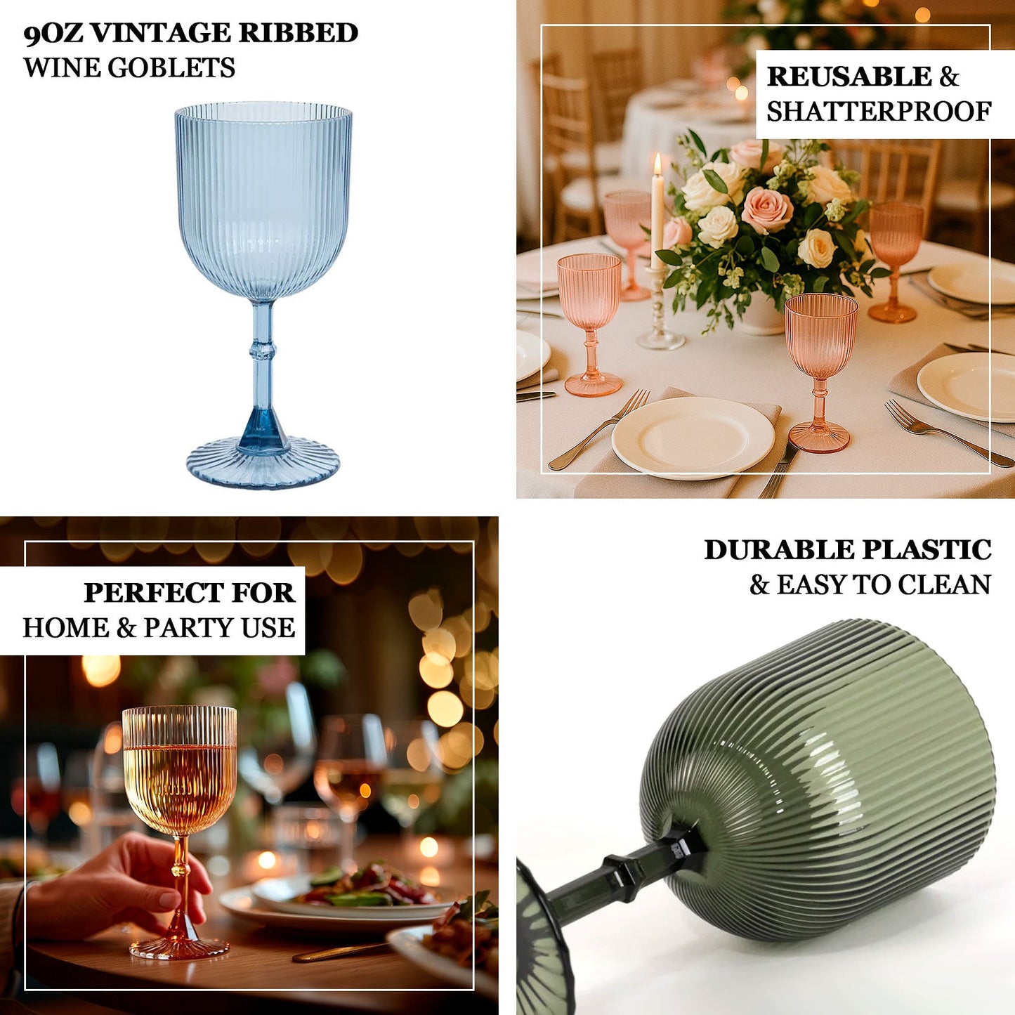 12-Pack Plastic Goblets White Vintage Ribbed Pattern - Reusable Shatterproof Glassware 9oz