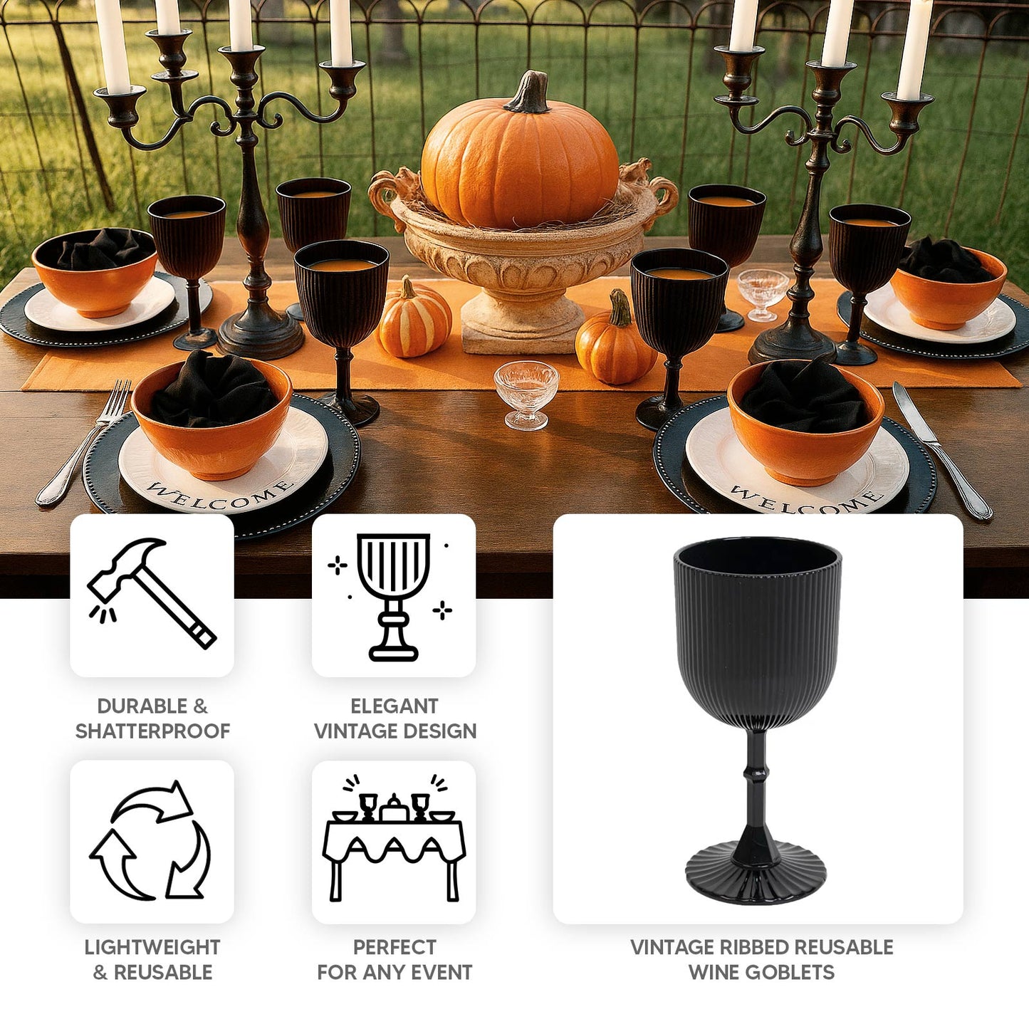 12-Pack Plastic Goblets Black Vintage Ribbed Pattern - Reusable Shatterproof Glassware 9oz