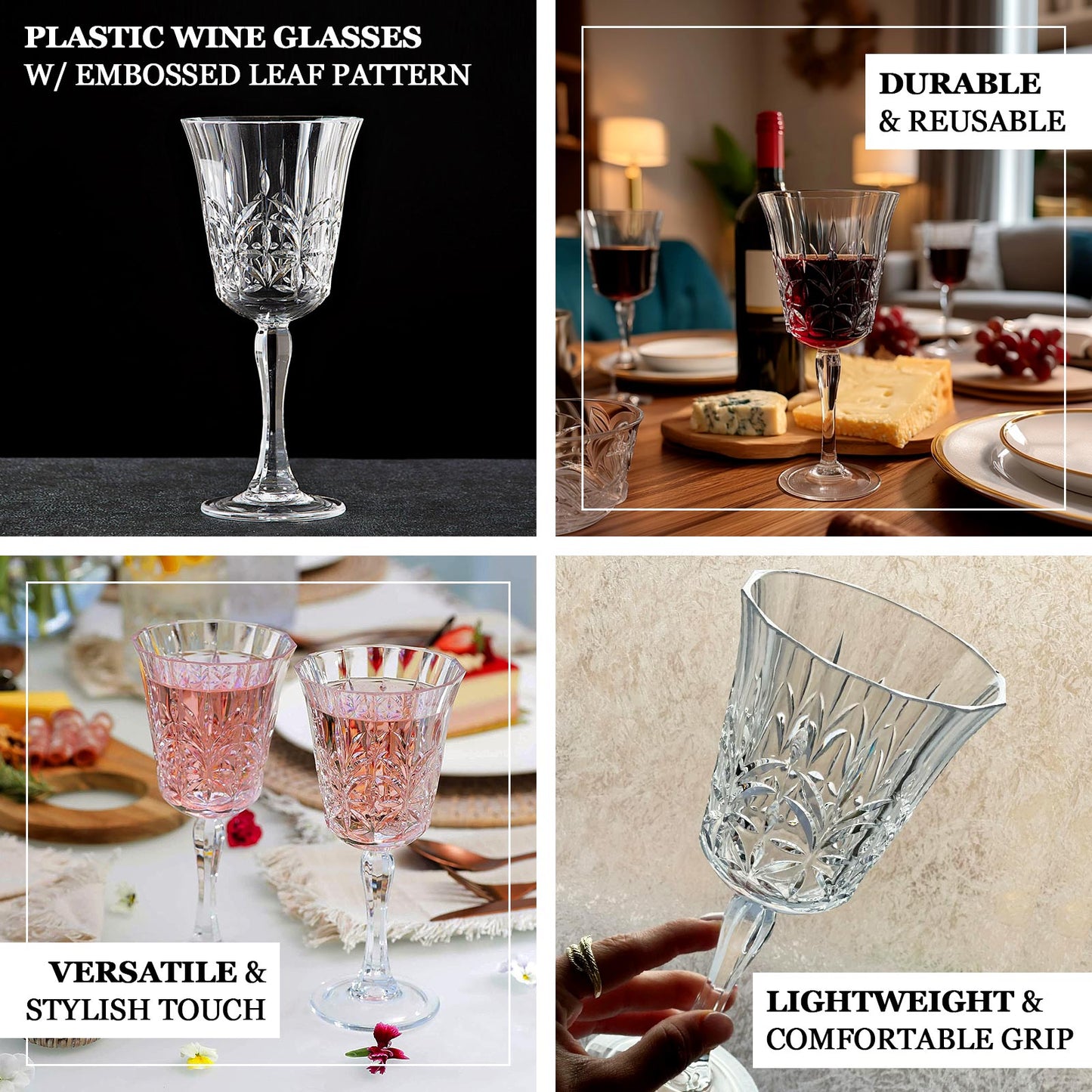 6 Pack Shatterproof Plastic Cocktail Glasses Clear with Embossed Leaf Pattern, 10oz Reusable Wine Glasses - 8"