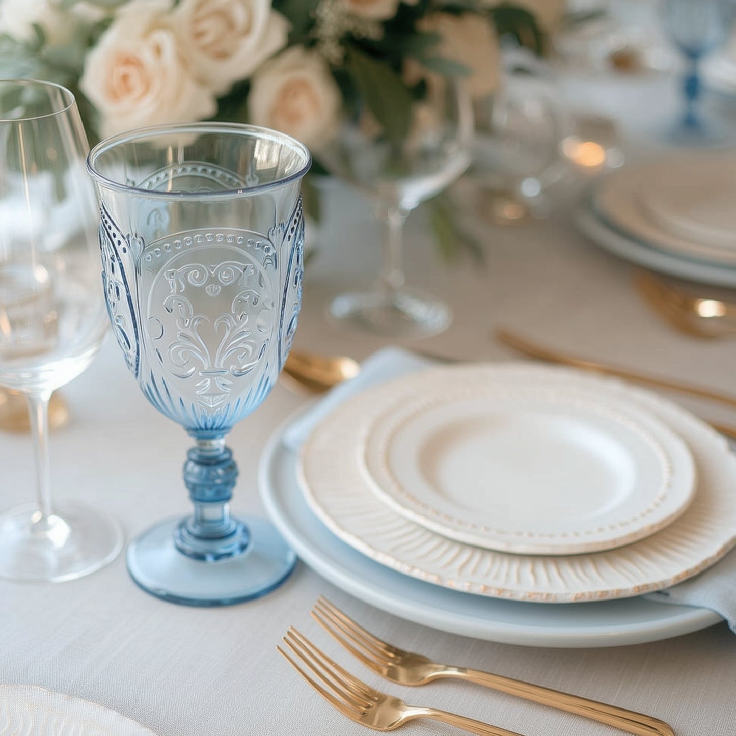 24-Pack Plastic Wine Glasses 10oz â€“ Transparent Dusty Blue Vintage Goblets with Retro Embossed Design, Elegant Drinkware - 7" Tall