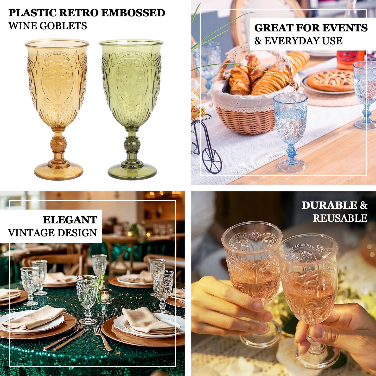 24-Pack Plastic Wine Glasses 10oz â€“ Transparent Dusty Sage Green Vintage Goblets with Retro Embossed Design, Elegant Drinkware - 7" Tall