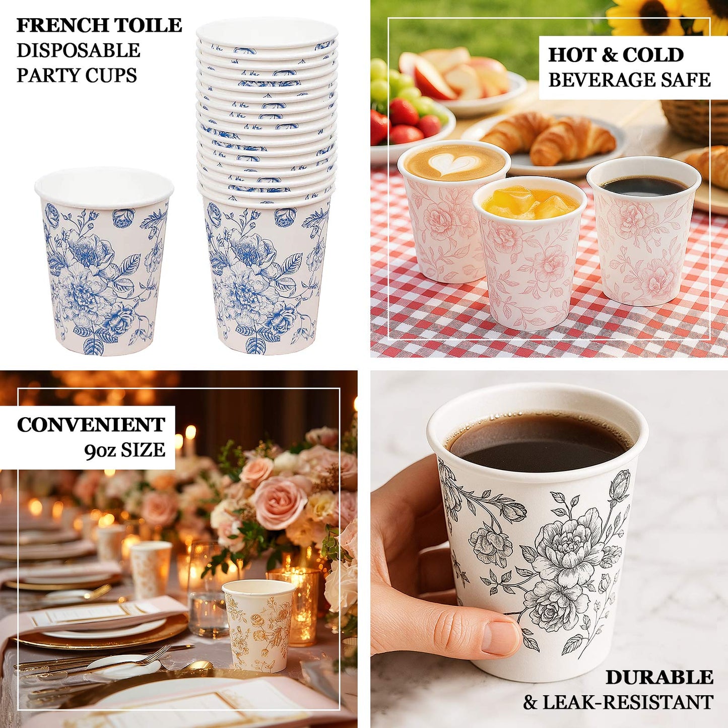 24-Pack Paper Cups in White with Lavender Lilac French Toile Print - Stylish Disposable Floral Party Cups for Weddings & All Purpose Use 9oz