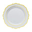 10-Pack Plastic 8" Round Dessert Plates in White with Gold Scalloped Rim - Disposable Appetizer/Salad Plates for Chic Banquets & Special Occasions