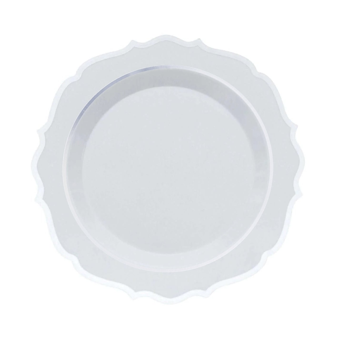 10-Pack Plastic 8" Round Dessert Plates in White with Silver Scalloped Rim - Disposable Appetizer/Salad Plates
