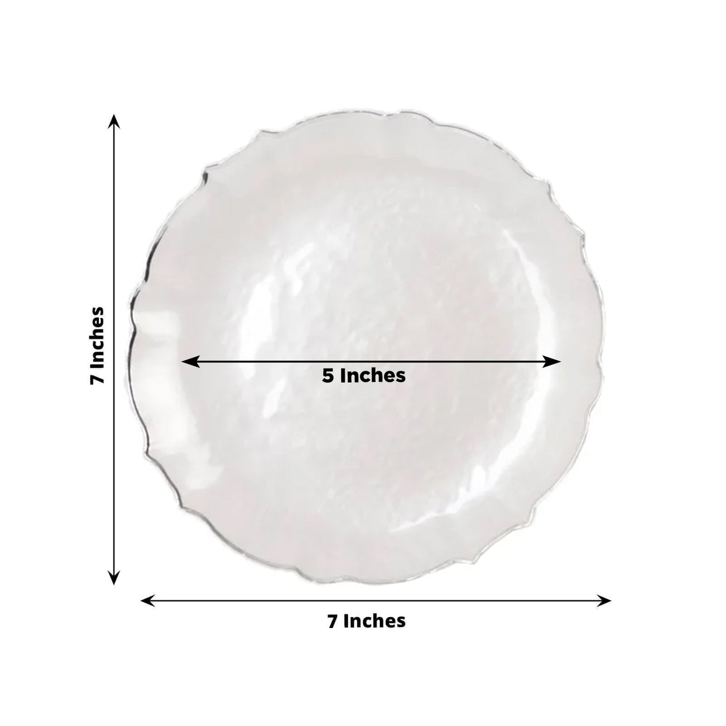 10-Pack Plastic 7" Round Dessert Appetizer Plates in Pearl White Sunflower with Silver Scalloped Rim - Disposable Salad Plates for Classy Events & Banquets