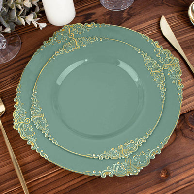 10-Pack Plastic 8" Round Dessert Plates in Dusty Sage Green with Gold Leaf Embossed Rim - Disposable Vintage Baroque Style Salad Plates