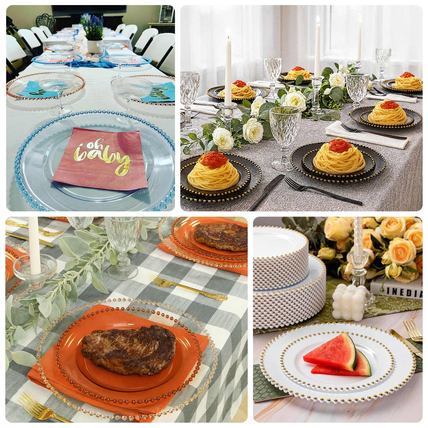 10-Pack Plastic 10" Round Dinner Plates in Black with Silver Beaded Rim - Disposable Party Plates for Banquets & Festive Occasions