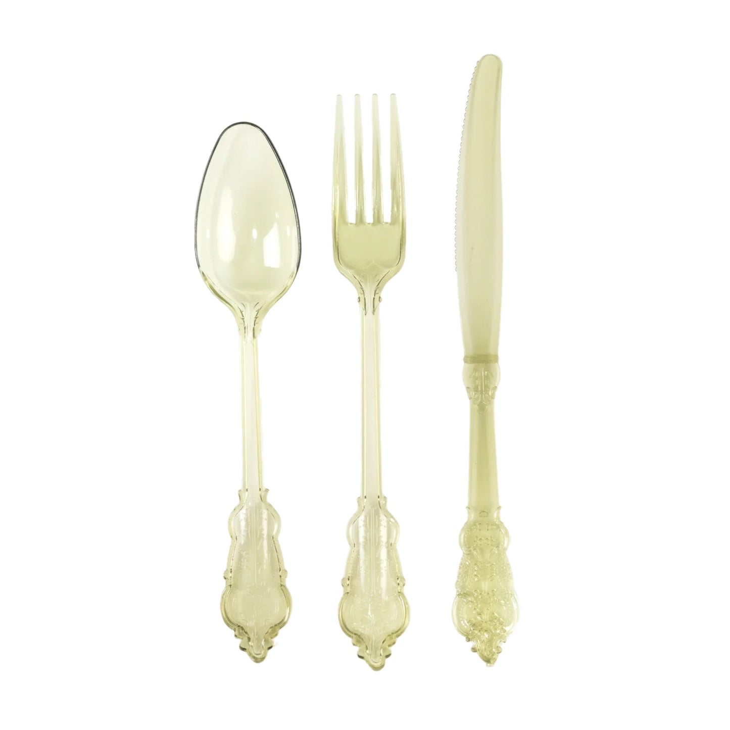 72 Pcs Plastic Silverware Set in Baroque Style Transparent Dusty Sage Green - Heavy Duty Disposable Knife, Fork, and Spoon Set