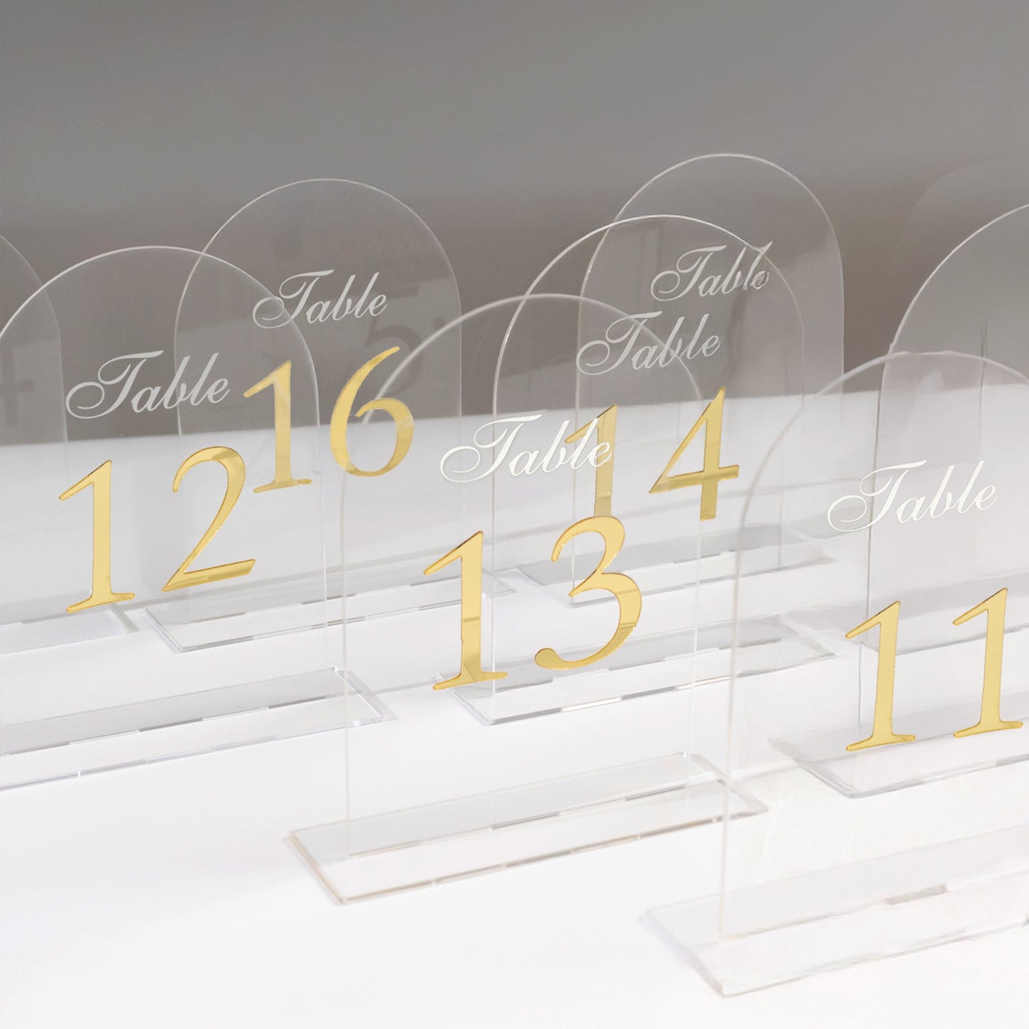 Clear Arch Acrylic Table Numbers (11-20) - 6"x7" Wedding Reception Signs with Gold Print & Stands