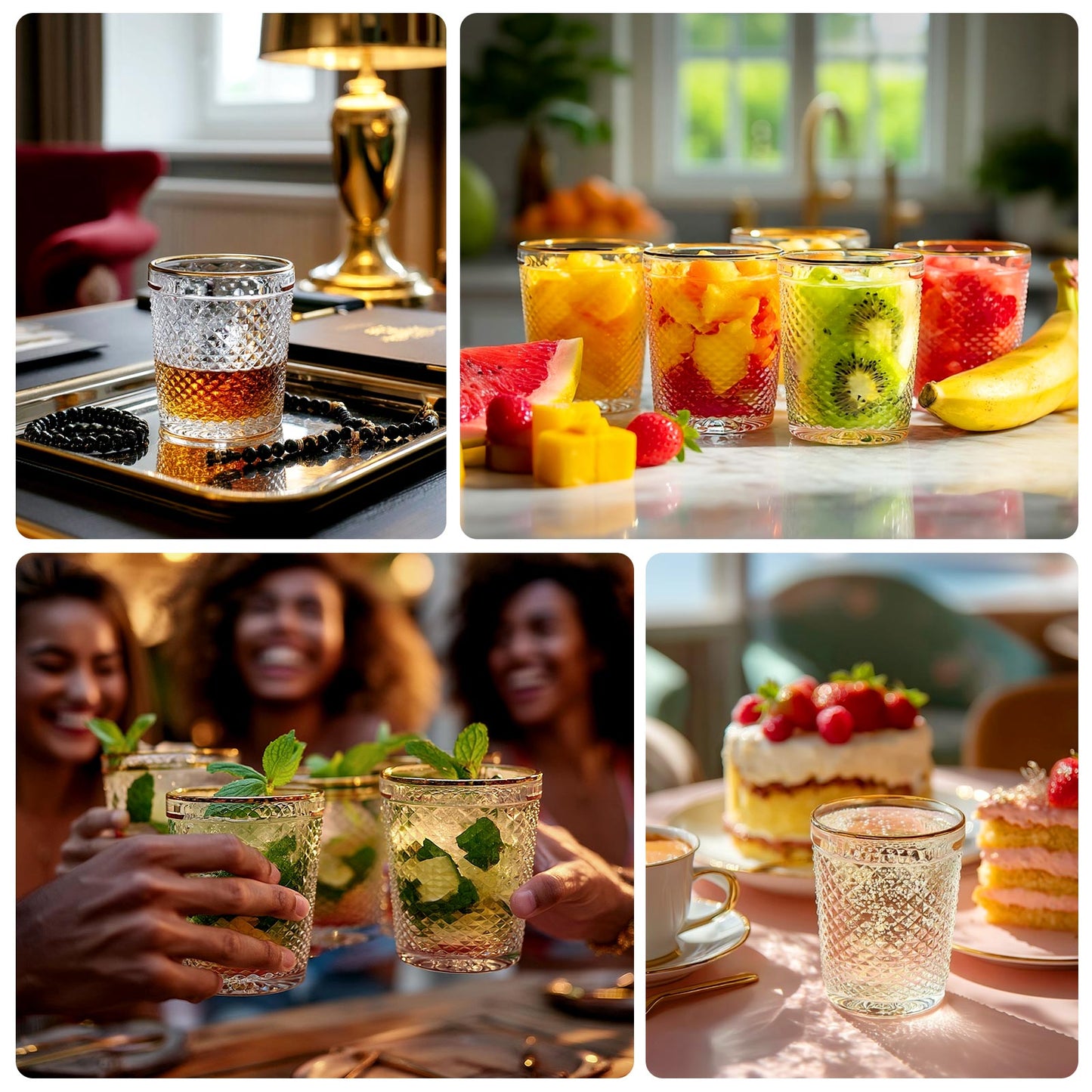 6-Pack Tumbler Glasses Clear Hobnail Design with Gold Rim - Embossed Diamond Pattern Glassware for Drinks & Parties 11oz 4"