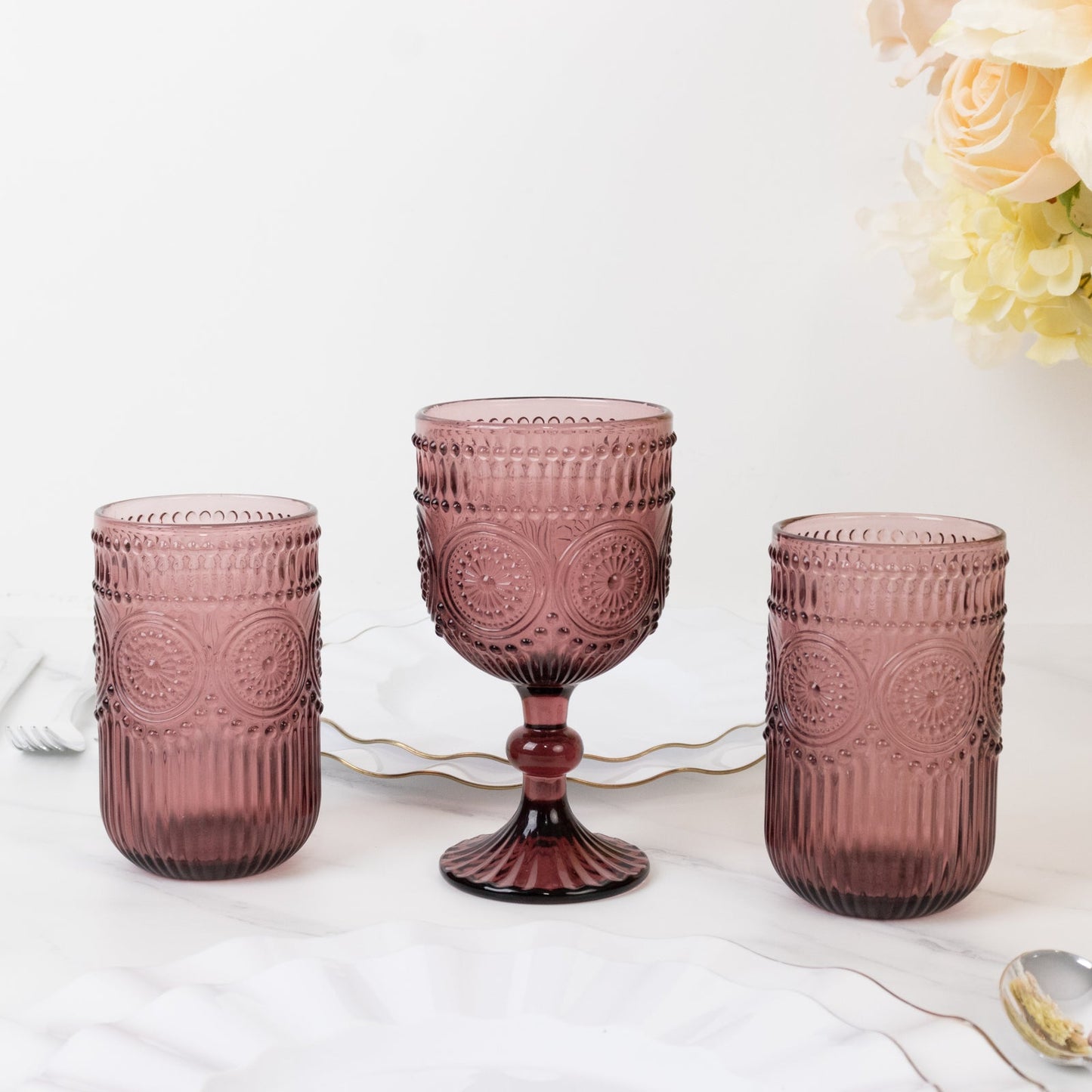 6-Pack Glass Tumblers Dusty Rose Vintage Embossed Design with Textured Floral Pattern - Highball Glasses for Drinks & Parties 14oz