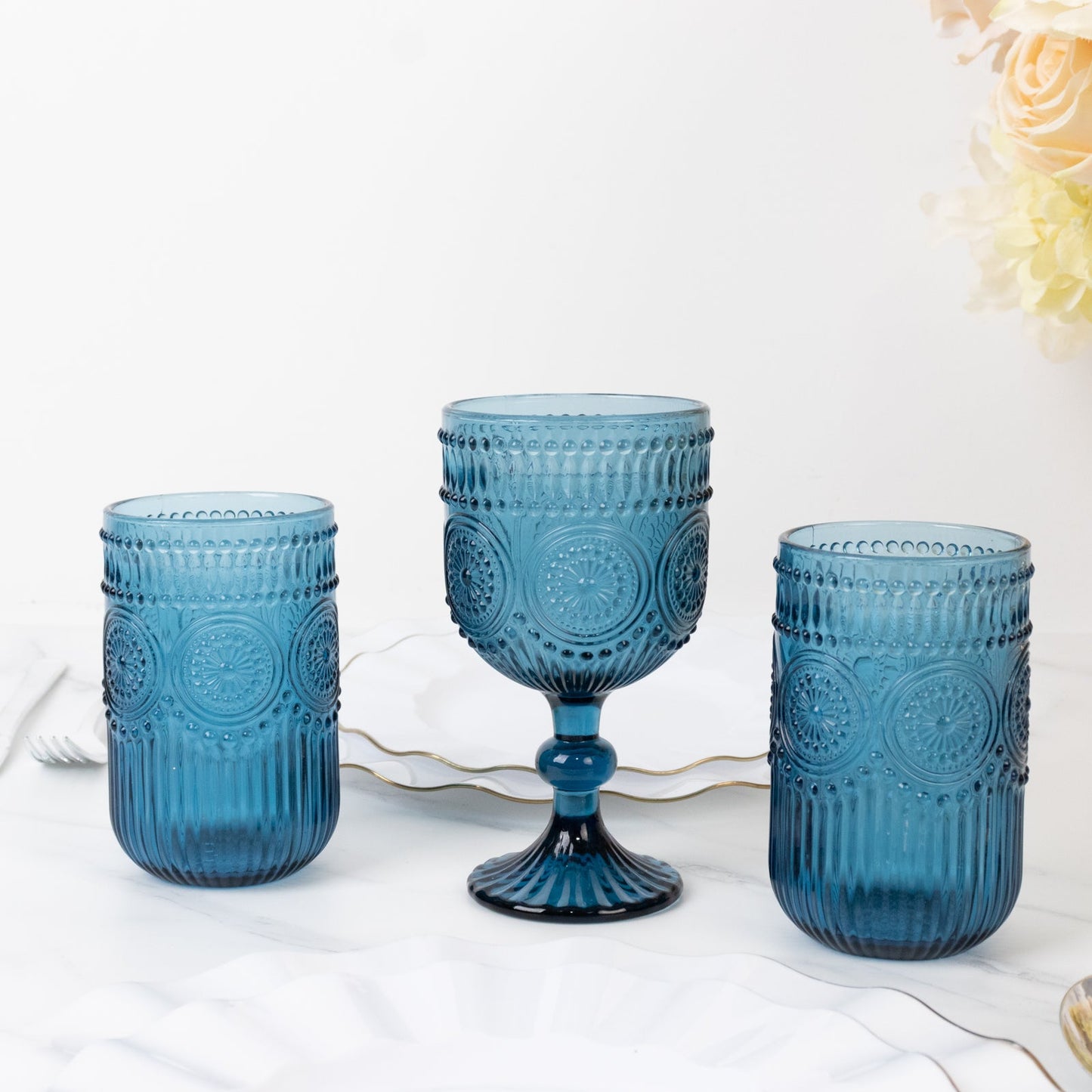 6-Pack Glass Tumblers Ocean Blue Vintage Embossed Design with Textured Floral Pattern - Highball Glasses for Drinks & Parties 14oz