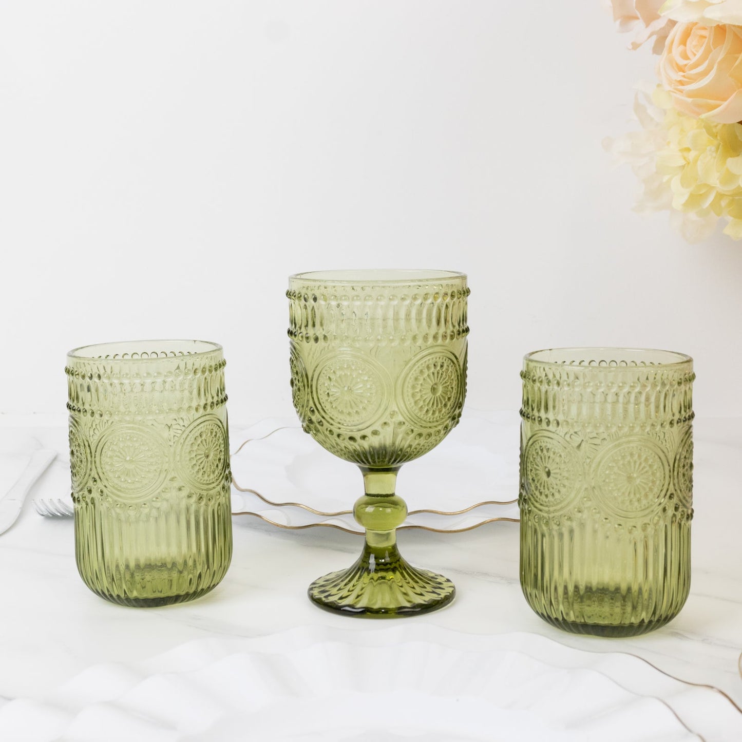 6-Pack Glass Tumblers Dusty Sage Green Vintage Embossed Design with Textured Floral Pattern - Highball Glasses for Drinks & Parties 14oz