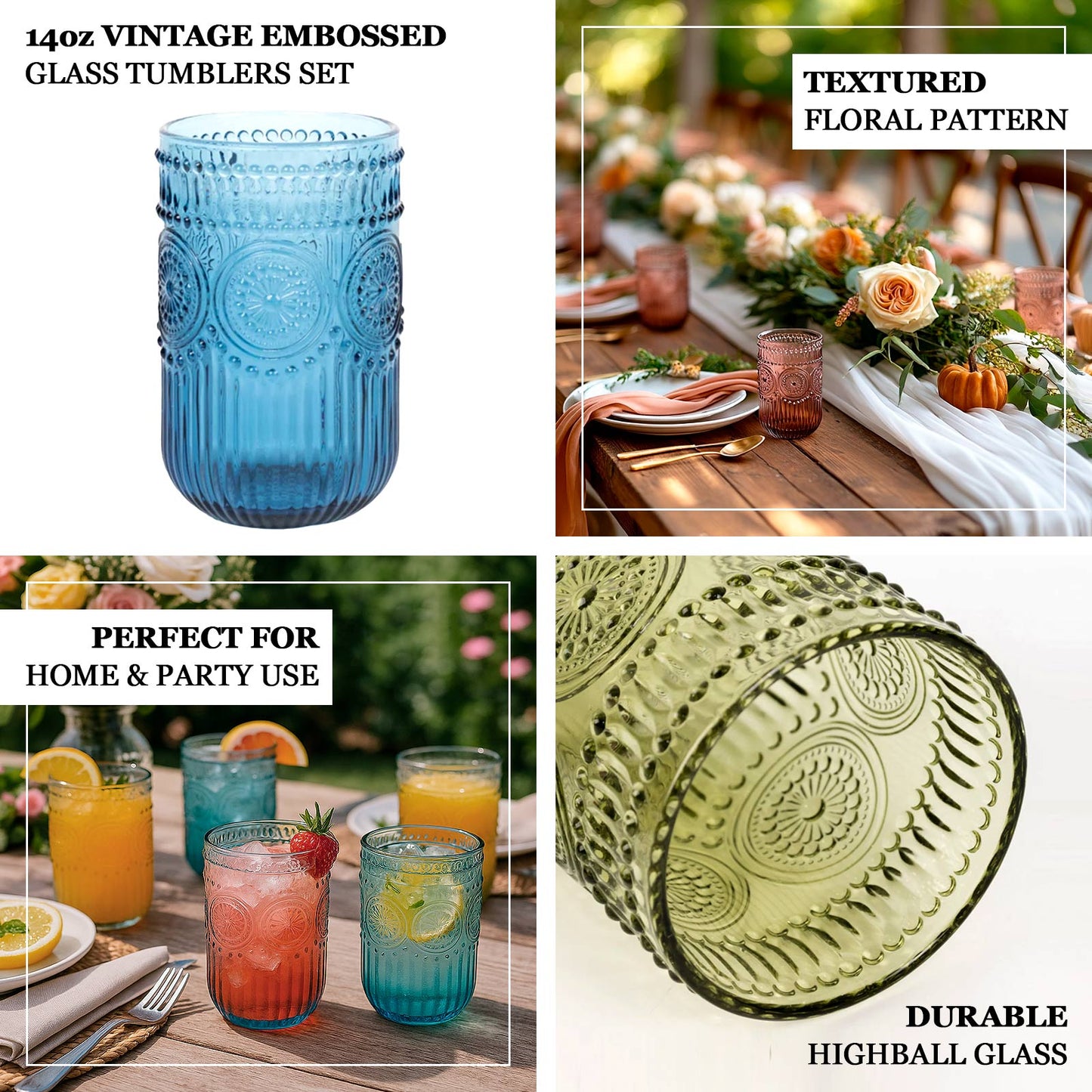 6-Pack Glass Tumblers Dusty Rose Vintage Embossed Design with Textured Floral Pattern - Highball Glasses for Drinks & Parties 14oz