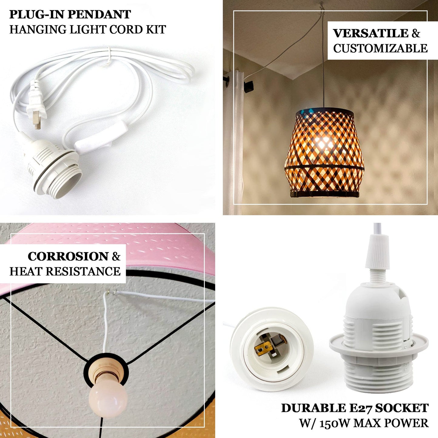 3 Pack E27 Light Socket with 6ft Plug-in Cord, On/Off Switch, 150W Max, US Plug, White â€“ Ideal for Pendant Lights, Workspaces, Kitchen, and Home Lighting