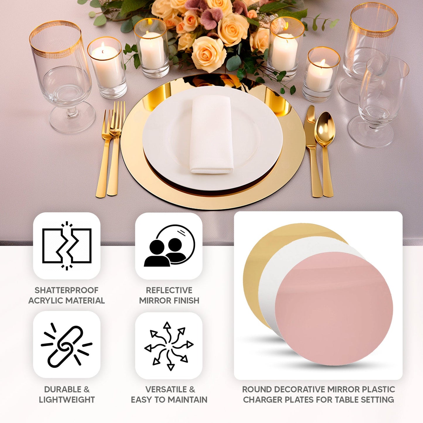 10-Pack Dining Plate Chargers Decorative Acrylic Mirror Rose Gold Round - Lightweight Event Display 13"