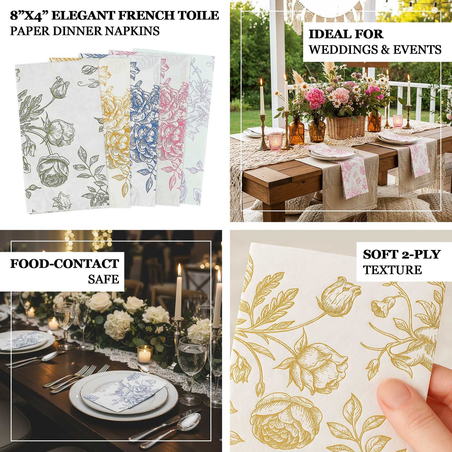 50-Pack Paper Dinner Napkins White with Gold French Toile Floral Pattern 2-Ply - Stylish Disposable Napkins for Events